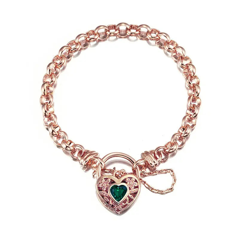 18ct Heavy Rose Gold Plated 6mm Belcher Chain Bracelet with a Green Filigree Locket - USA Made BIJ`OR