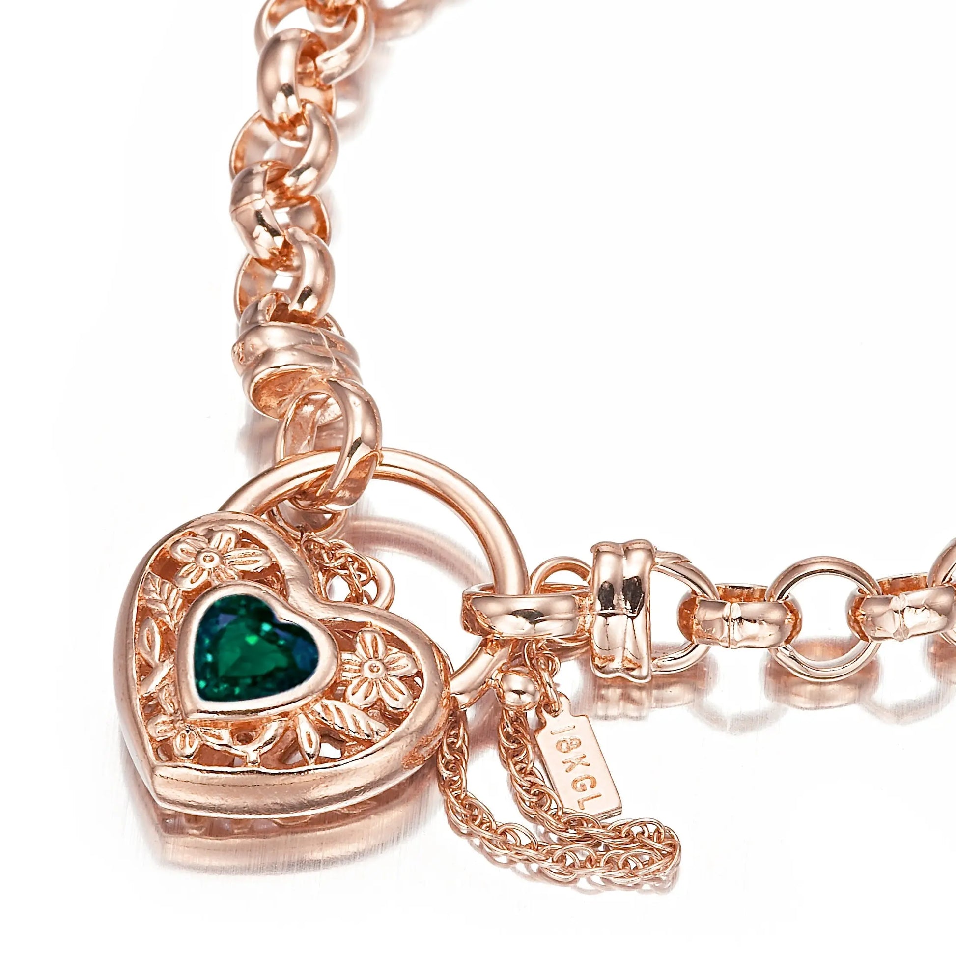 18ct Heavy Rose Gold Plated 6mm Belcher Chain Bracelet with a Green Filigree Locket - USA Made BIJ`OR