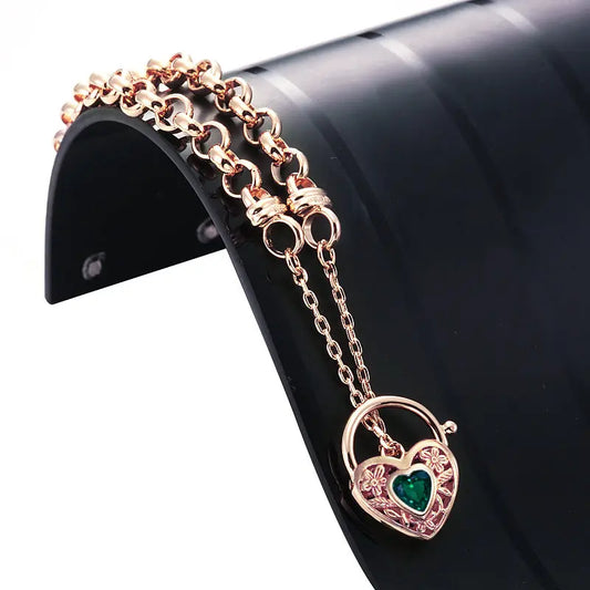 18ct Heavy Rose Gold Plated 6mm Belcher Chain Bracelet with a Green Filigree Locket - USA Made BIJ`OR
