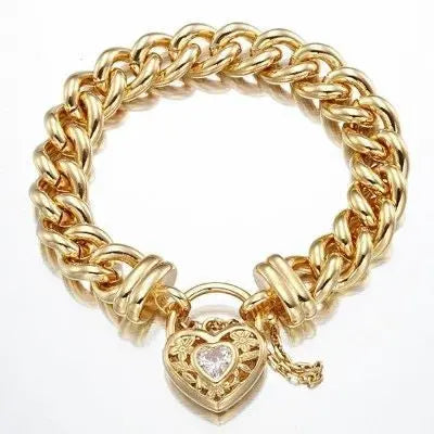 18ct Heavy Yellow Gold Plated 12mm Euro Curb Chain Bracelet with a Filigree Locket Featuring a Simulated Diamond - USA Made-2