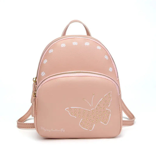NNEDSZ Mini Faux Leather Backpack with Butterfly Design -Pink Cute Backpack for Girls-0